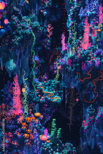 Explore the depths of the human mind through a surreal birds-eye view of a cybernetic forest, where neural pathways intertwine with glowing bioluminescent plants Render in a mix of pixel art and glitc photo