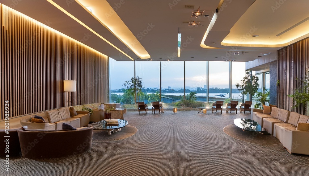 stylish hotel lobby with panoramic views offering a refined and open layout