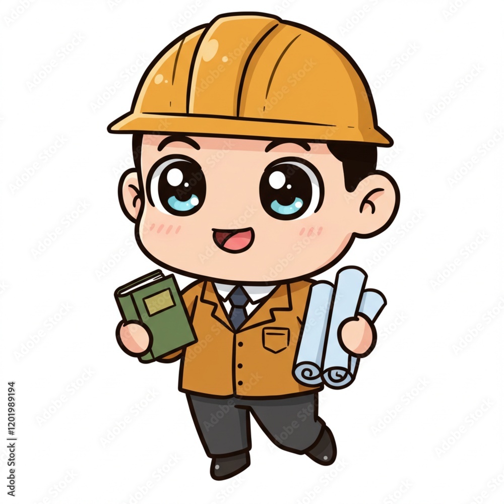 Cute Cartoon Engineer Boy Holding Blueprint and Book Adorable Character Illustration Cute Cartoon Engineer Boy Holding Blueprint and Book Adorable Character Illustration