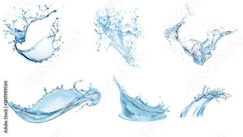 Water splash. Isolate waves, liquid drops, ocean or sea drops, cold drink, Features circular splash, water crown, abstract splashes, and water drops on a white background in crystal clear blue tones.