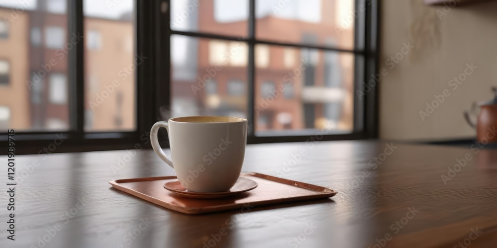 A coffee or tea cup with a small spill on the side of a copper coaster in a contemporary kitchen with a large window backdrop, dining table, copper A coffee or tea cup with a small spill on the side of a copper coaster in a contemporary kitchen with a large window backdrop, dining table, copper