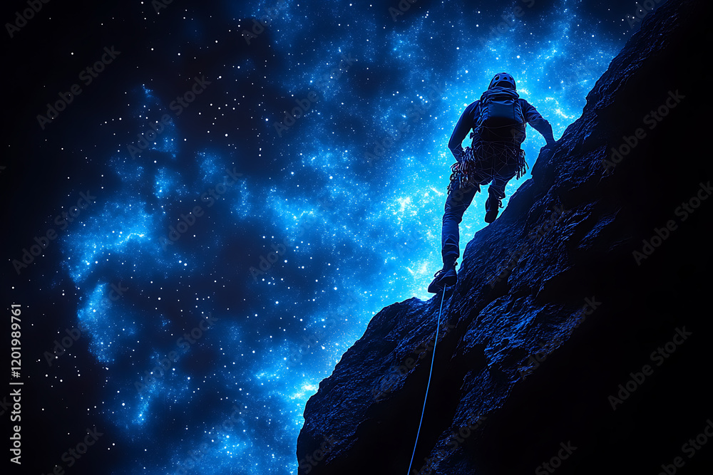 A glowing wireframe of a man climbing a steep rock wall, rendered on a transparent background, highlighted by a combination of blue and black data elements A glowing wireframe of a man climbing a steep rock wall, rendered on a transparent background, highlighted by a combination of blue and black data elements