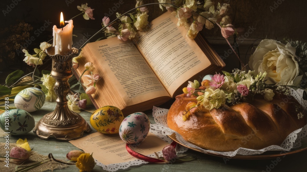 Fototapeta premium Easter Still Life with Eggs and Dried Flowers