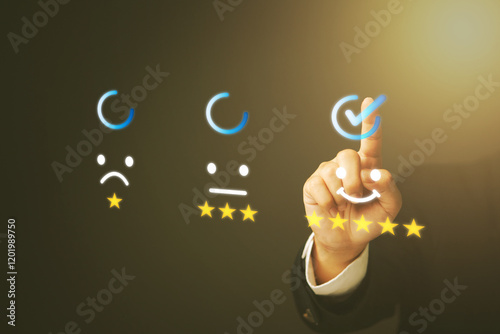 Hand selecting a five star rating on a digital satisfaction survey, symbolizing customer feedback and quality assessment.reviews, and service evaluation for business improvement. photo