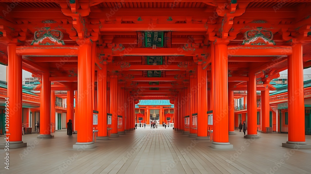 Vibrant Red Pillars Leading to a Japanese Shrine Vibrant Red Pillars Leading to a Japanese Shrine
