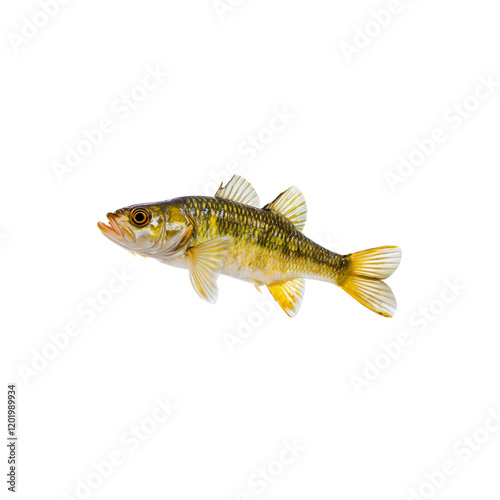 Yellow Perch in Profile: A detailed close-up showcases a vibrant yellow perch, its distinctive markings and fins clearly visible against a clean background. photo