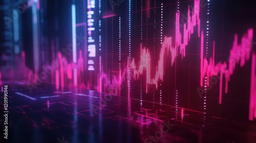 Stock market visualization with neon colored lines representing financial data and trends in digital format photo