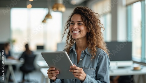 Smiling young woman with curly hair holding a tablet in a modern office setting