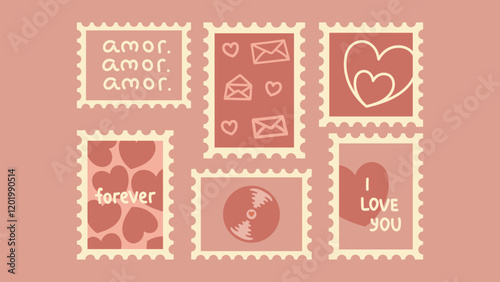 Retro stamps for Valentine's Day.Hearts, letters,envelopes,amor,text,vinyl record.Poster and cards.Holiday days.I love you.Romance, falling in love.