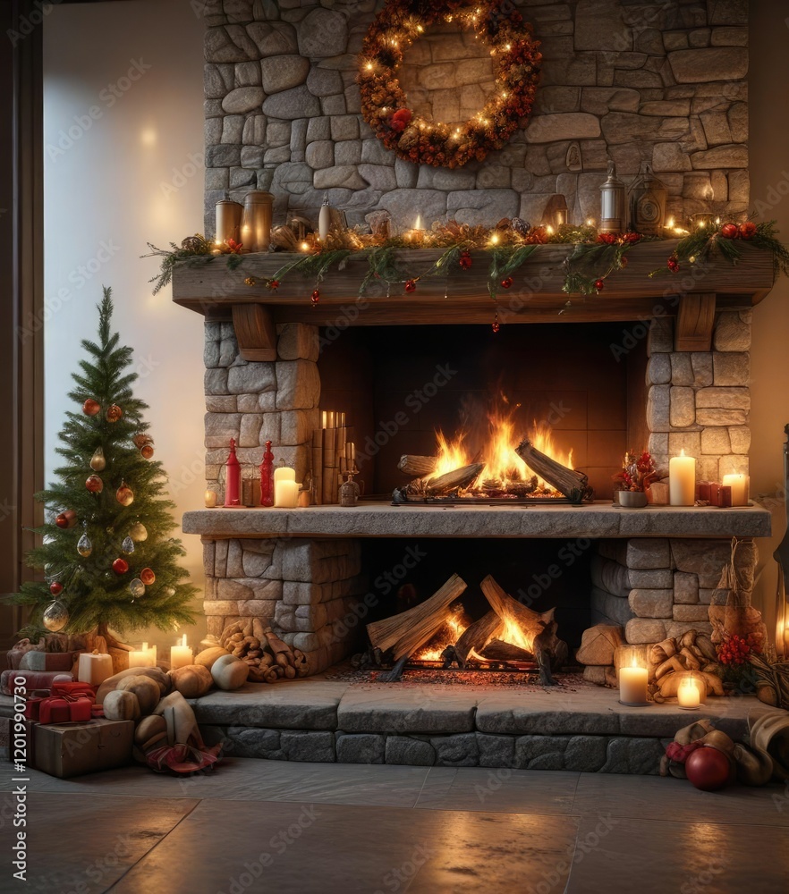 A crackling fire on a stone hearth with festive decorations, ornaments, winter A crackling fire on a stone hearth with festive decorations, ornaments, winter