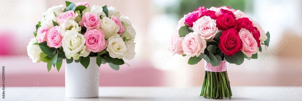 Obraz premium Lovely Rose Bouquets - Two beautiful rose bouquets, one in pastel pinks and whites, the other in vibrant pinks and reds. Perfect for celebrations, weddings, or romantic gifts.