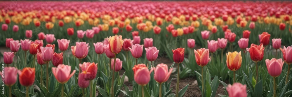 A lone red and yellow tulip blooms amidst a field of delicate pink hues, creating a visually stunning contrast, bold flower, tulip A lone red and yellow tulip blooms amidst a field of delicate pink hues, creating a visually stunning contrast, bold flower, tulip