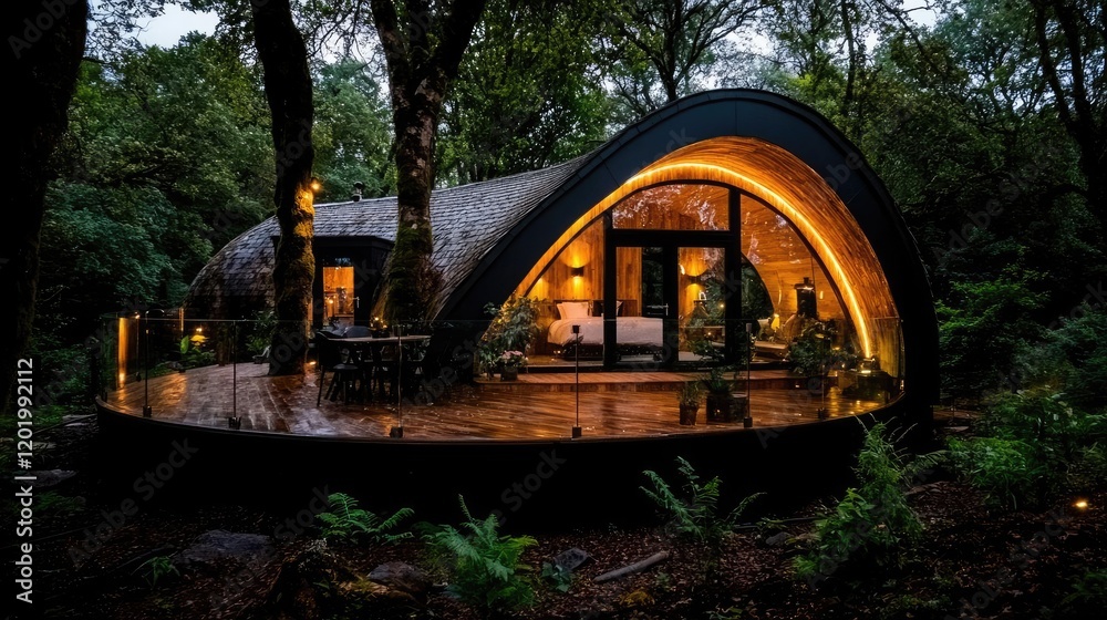 Modern forest cabin, nighttime view, deck, nature. Vacation rental Modern forest cabin, nighttime view, deck, nature. Vacation rental