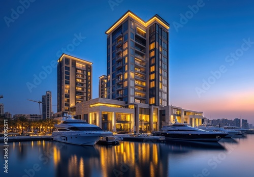 Luxurious Marina Development with Modern High-Rise Buildings and Sleek Yachts Illuminated by Twilight, Showcasing Contemporary Urban Waterfront Living