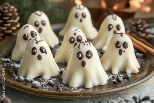 Collection of whimsical ghost-shaped cake pops decorated with edible eyes and dark chocolate details, arranged on a spooky festive platter perfect for Halloween celebrations. photo