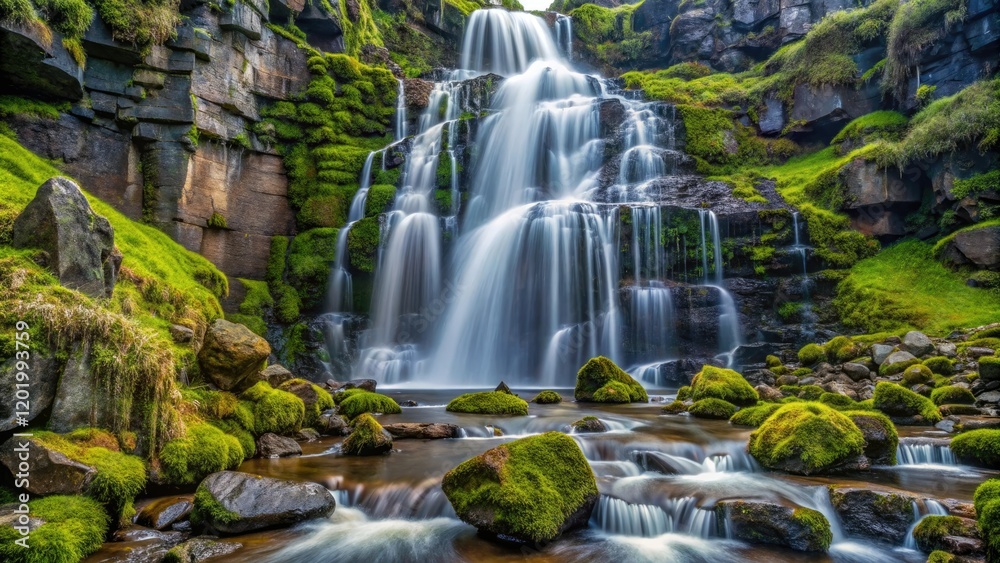 Obraz premium A majestic waterfall cascading down a rocky cliffside, with moss and lichen-covered rocks in the foreground, lichen, waterfall, geology, scenic landscape, natural beauty