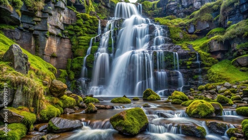 A majestic waterfall cascading down a rocky cliffside, with moss and lichen-covered rocks in the foreground, lichen, waterfall, geology, scenic landscape, natural beauty