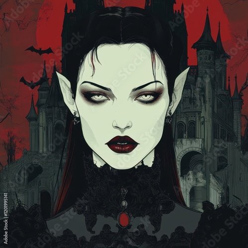 Vampire with fangs and pale skin in a Gothic castle setting, capturing the essence of dark fantasy, supernatural myths, and eerie atmosphere in a mysterious and haunted castle. photo