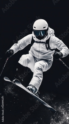 Vertical shot of a freestyle skier in mid-air rotation, showcasing professional black and white ski gear, capturing the dynamic motion and thrill of extreme winter sports on a transparent background. photo