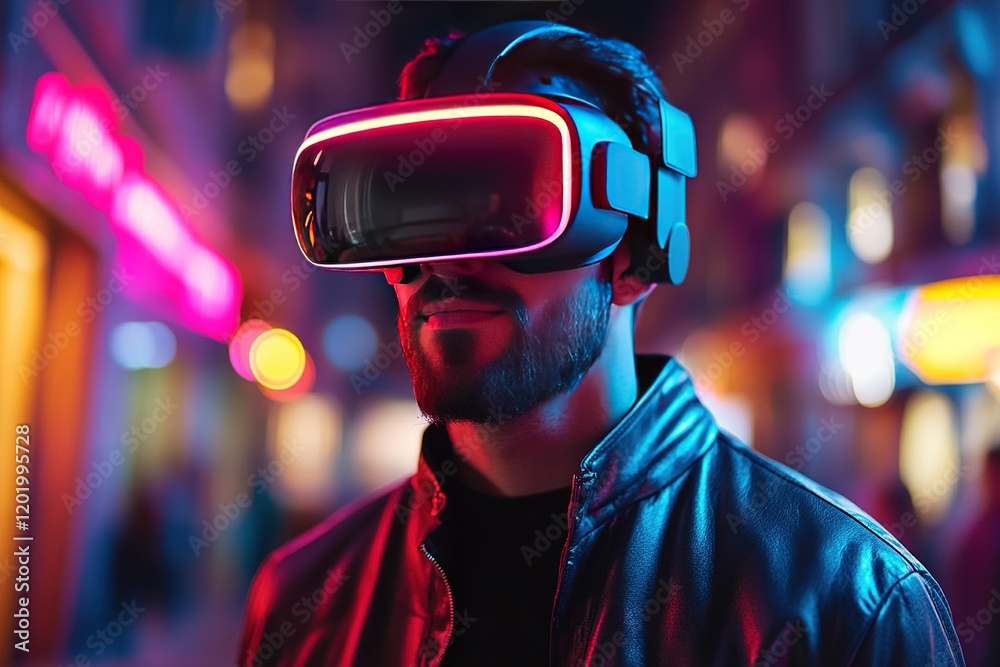 Man in VR headset on city street at night. Man in VR headset on city street at night.