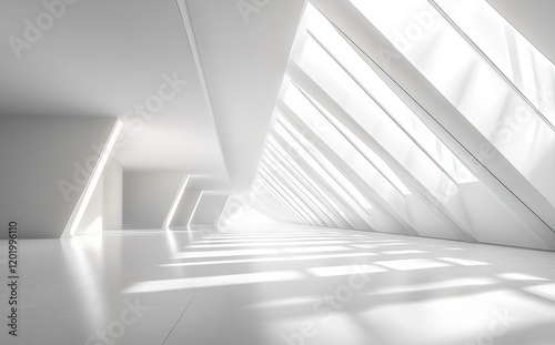 Modern and Spacious Interior Design with Bright Natural Light Streaming Through Angled Windows in a Minimalist Aesthetic Environment Ideal for Contemporary Architecture Photography