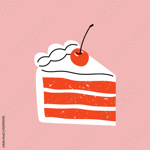 Piece of cake with red sponge cake, whipped cream and cherry on top with chalk texture on pink background, hand drawn illustration, flat style