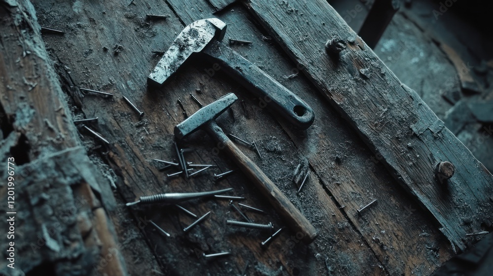Old hammers and nails on a dusty workbench. Old hammers and nails on a dusty workbench.