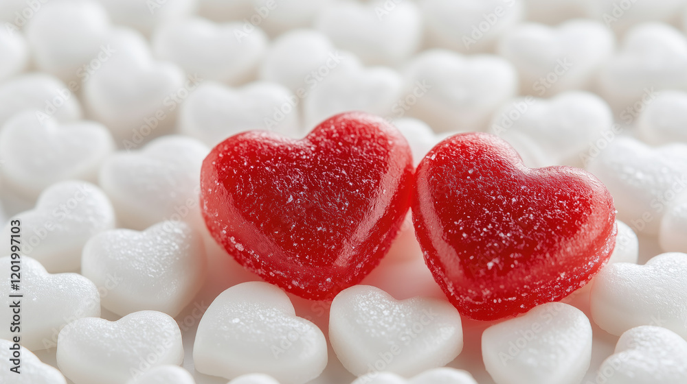 Two heart-shaped red jelly candies on a white marshmallow background, close-up macro photography with soft shadows, high resolution, professional color grading, and clean sharp focus for a sweet and r Two heart-shaped red jelly candies on a white marshmallow background, close-up macro photography with soft shadows, high resolution, professional color grading, and clean sharp focus for a sweet and r