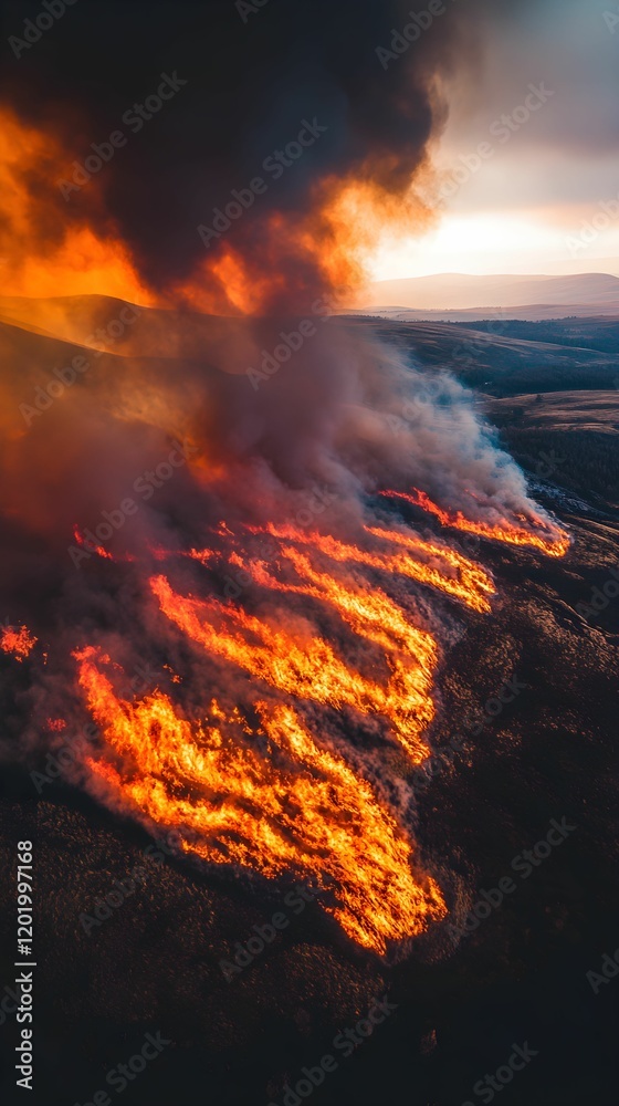 Forest fire illuminates the landscape during sunset with intense smoke rising Forest fire illuminates the landscape during sunset with intense smoke rising