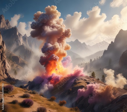 A puff of colored smoke wafts through the valley below, greenery, vibrant haze, soft focus photo