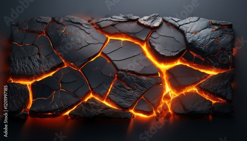 cracked lava stone surface with black volcanic rock and molten orange fissures glowing from within isolated on a plain dark background photo