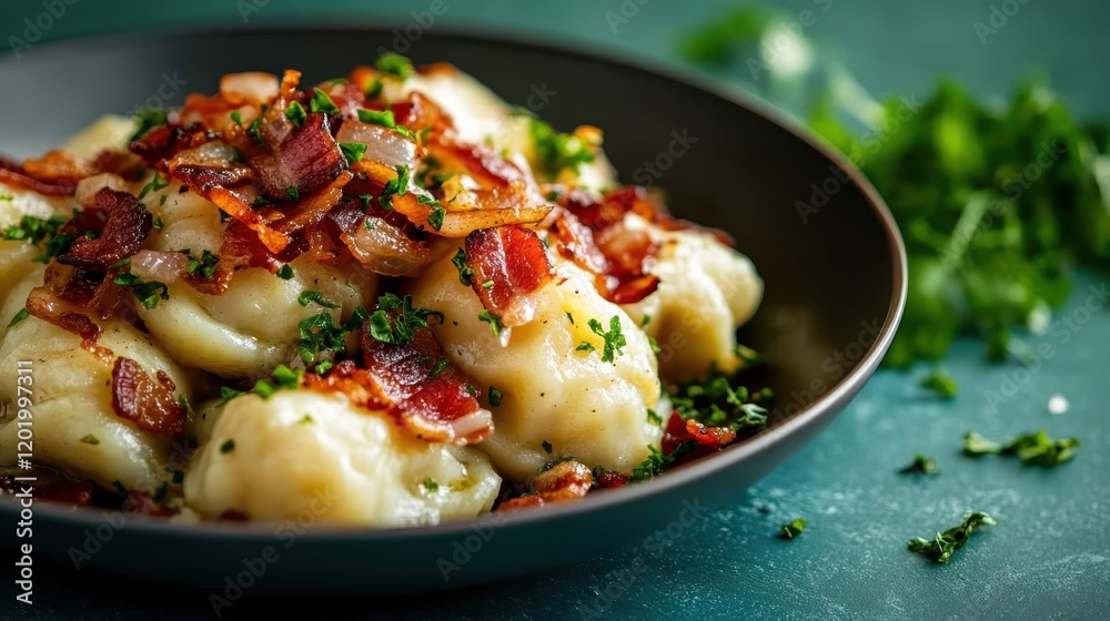 A delightful serving of gnocchi garnished with crispy bacon and vibrant greens, embodying a comforting and satisfying dish that brings warmth to any meal. A delightful serving of gnocchi garnished with crispy bacon and vibrant greens, embodying a comforting and satisfying dish that brings warmth to any meal.