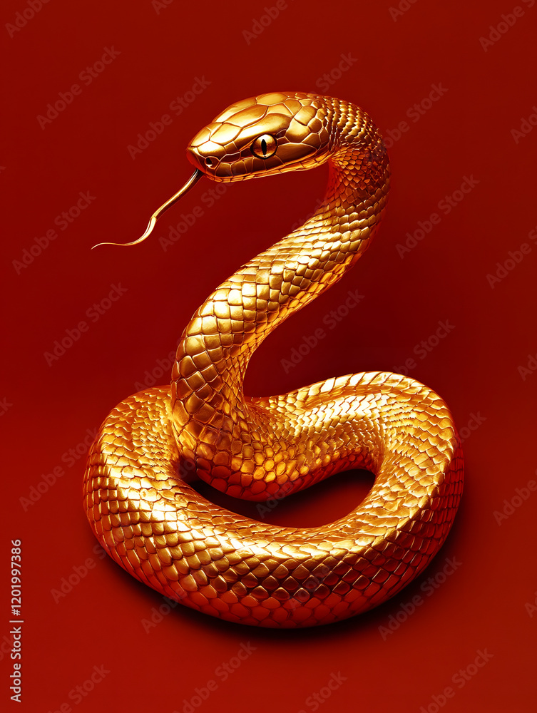 Fototapeta premium Golden snake posing on red background symbolizing wealth and prosperity