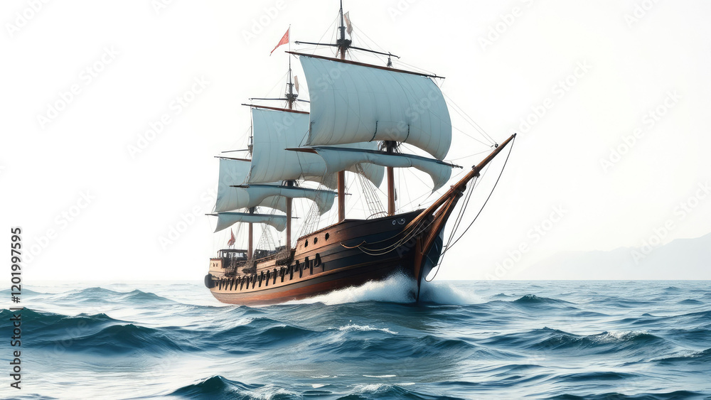 Obraz premium A warship sailing on the sea with a white background, naval vessel, ocean voyage, sailorless ship., sailing warship, naval vessel at sea