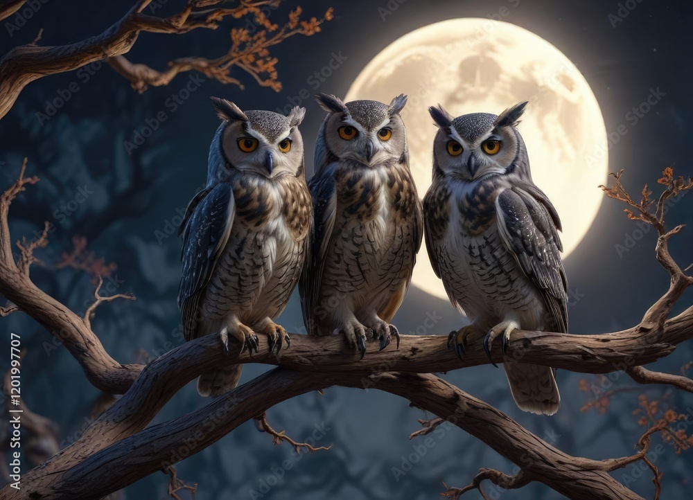 A regal pair of owls perched on a gnarled branch under the moon's silvery light, floating leaves, silvery moonlight, whispering wind A regal pair of owls perched on a gnarled branch under the moon's silvery light, floating leaves, silvery moonlight, whispering wind