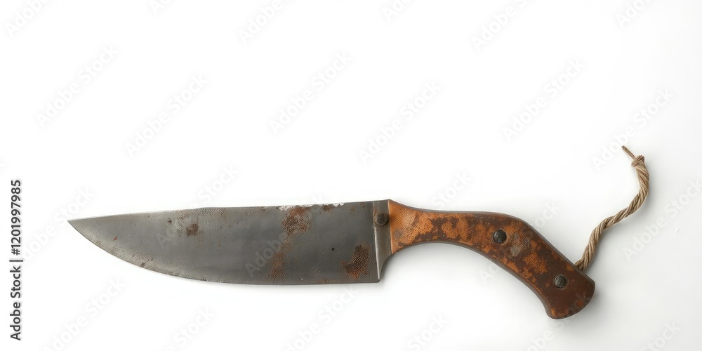 A well-worn machete with traces of rust and dirt, isolated on a white background, dirty, isolated A well-worn machete with traces of rust and dirt, isolated on a white background, dirty, isolated