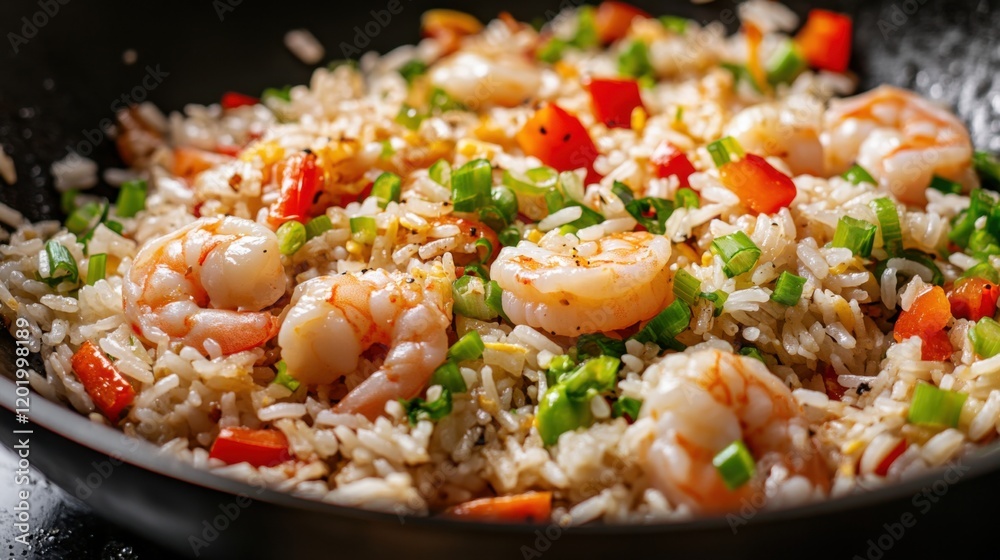 Image of rice and shrimp fried rice with bell peppers and green onions in a wok, emphasizing savory and colorful aspects. Ideal for Asian cuisine and quick meals. Image of rice and shrimp fried rice with bell peppers and green onions in a wok, emphasizing savory and colorful aspects. Ideal for Asian cuisine and quick meals.