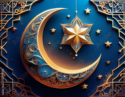 ramadan kareem crescent moon and star celebration on blue background photo