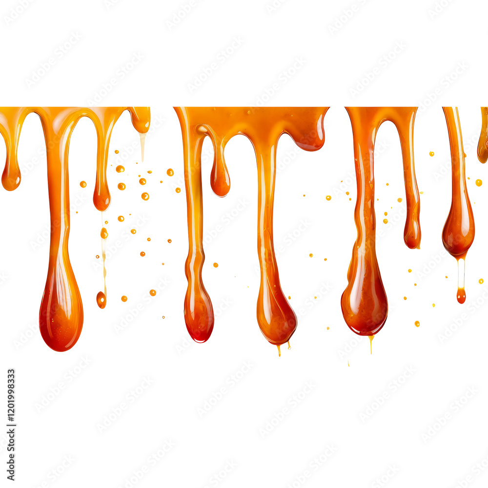 Naklejka premium Dripping Caramel Delight: A tantalizing image of golden caramel cascading in smooth, viscous drops. The rich, amber hue and the gentle, flowing movement evoke a sense of sweetness and indulgence.