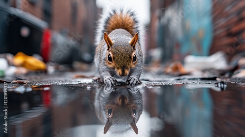 A charming squirrel inspects its reflection in a puddle, symbolizing curiosity and the interaction between nature and urban landscapes amid debris and litter. photo