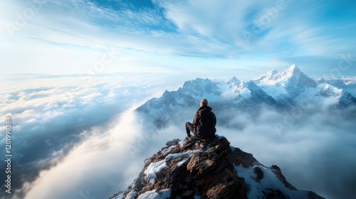 An individual sits on a rugged peak surrounded by majestic mountain peaks and fluffy clouds, capturing the essence of adventure and the beauty of unspoiled nature.