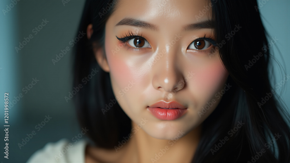 Portrait of a young woman with radiant skin, glossy lips, and captivating eyes. Soft lighting enhances her natural beauty, creating an elegant and serene expression. Portrait of a young woman with radiant skin, glossy lips, and captivating eyes. Soft lighting enhances her natural beauty, creating an elegant and serene expression.