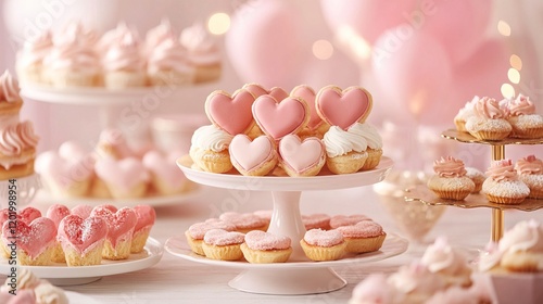 Table decorated with colorful cupcakes and pink balloons for a festive celebration