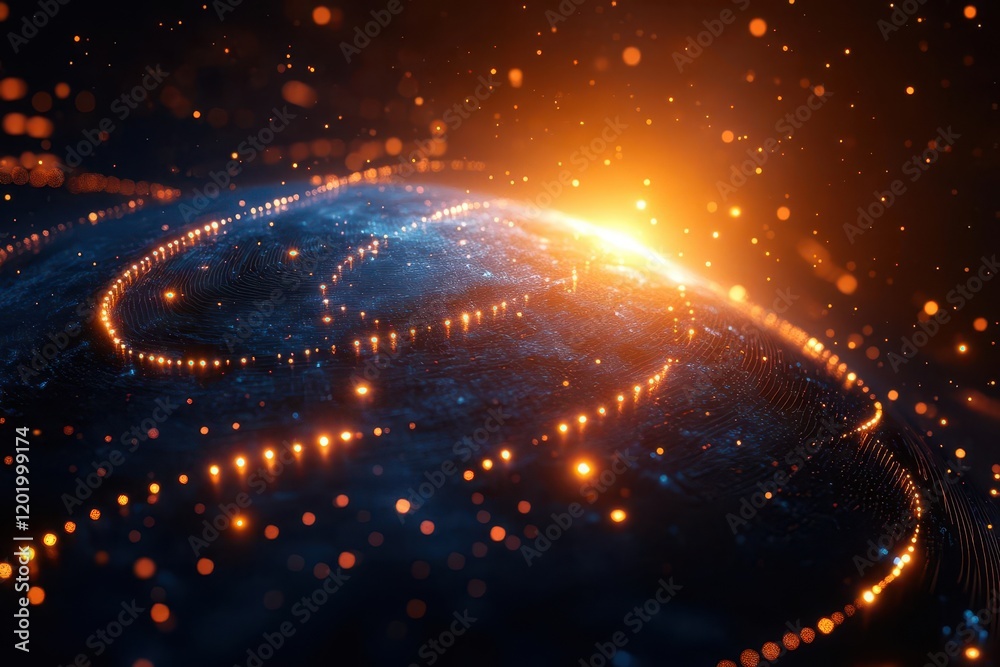 Obraz premium abstract 3d globe visualization with interconnected geometric nodes, glowing data streams, and dynamic network patterns in deep blue and gold