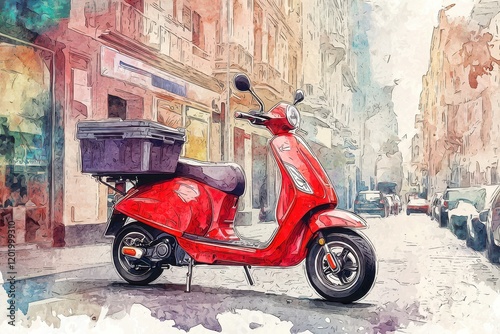 A vibrant red scooter parked on a street, surrounded by watercolor-style buildings, showcasing urban life and transportation.