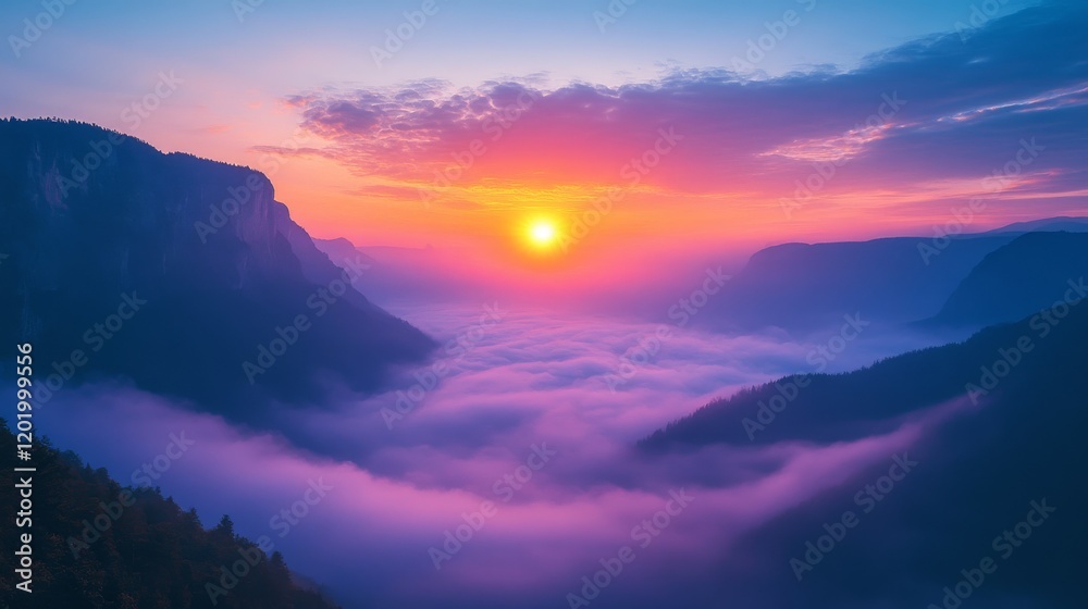 Obraz premium Majestic sunrise illuminates the valley of clouds with vibrant hues of pink and purple over the mountain range