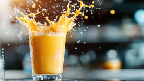 An artistic shot of orange juice splashing dramatically from a glass, evoking feelings of refreshment and joy in a stylish kitchen setting. photo