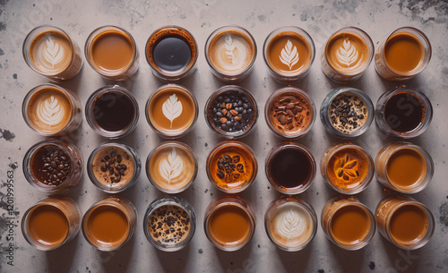 A row of coffee cups with different flavors and designs. The cups are arranged in a neat row, with some cups having leaves on them. Concept of variety and creativity in the coffee flavors
