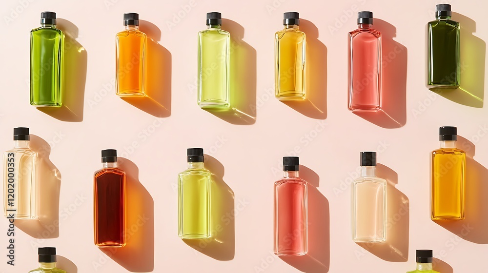 An array of bottled products placed symmetrically on a light pink background with subtle shadows An array of bottled products placed symmetrically on a light pink background with subtle shadows