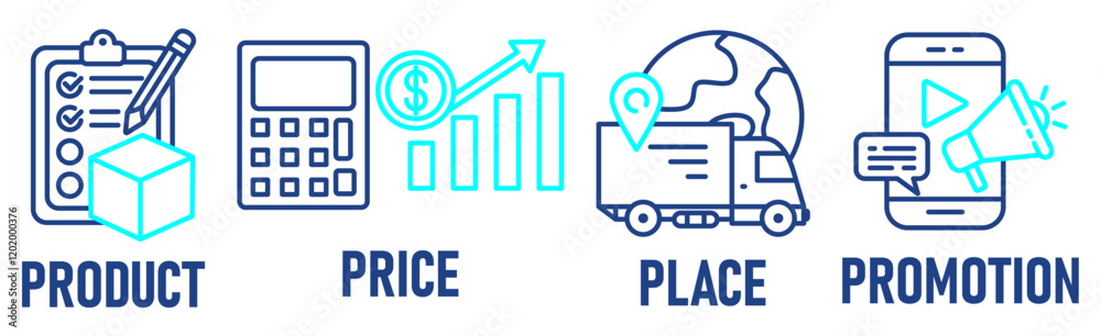 Banner Marketing Mix model illustration concept with icon of price, product, promotion, place and promotion Banner Marketing Mix model illustration concept with icon of price, product, promotion, place and promotion